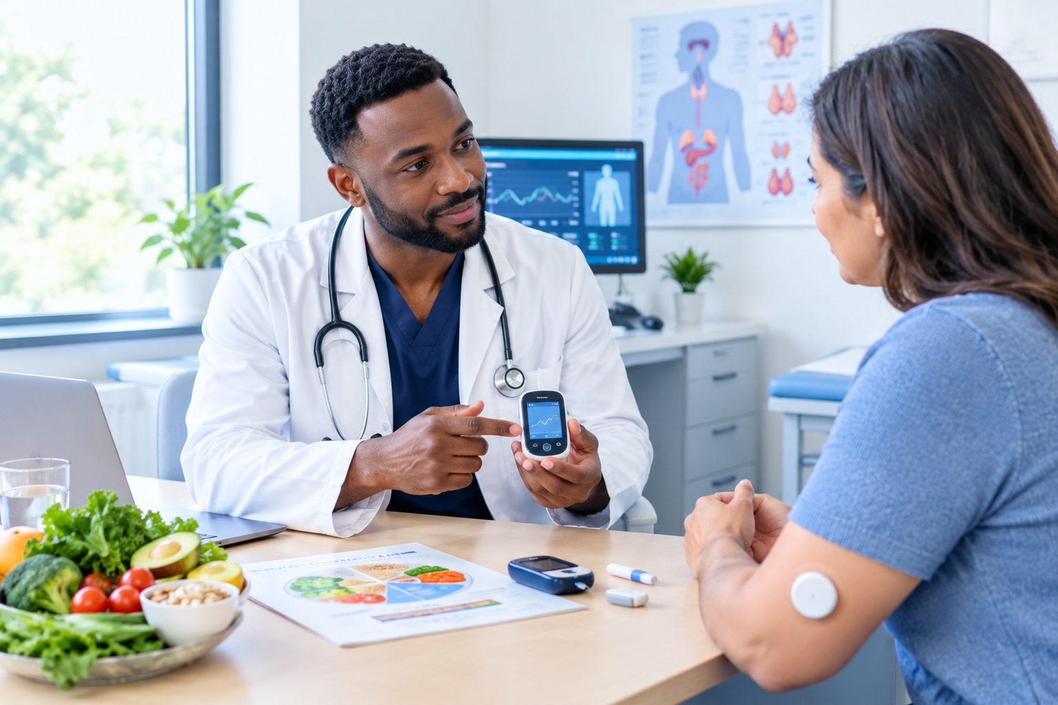 Doctor discussing glucose monitoring with a patient