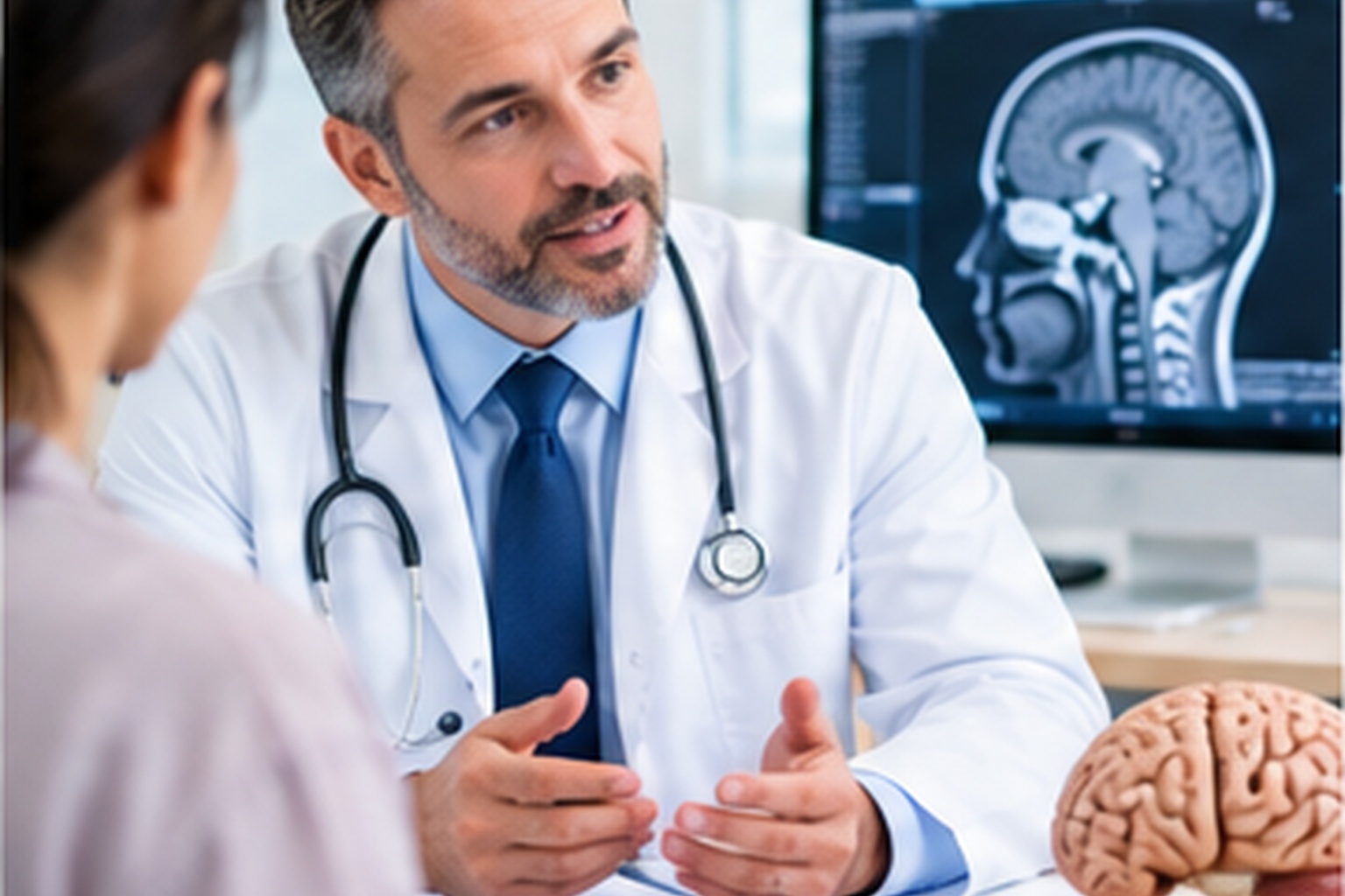 Neurosurgeon consulting with a patient